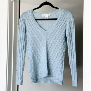 Vintage 100% Cashmere Sky Blue Cable Knit Long Sleeve Comfy V Neck Sweater